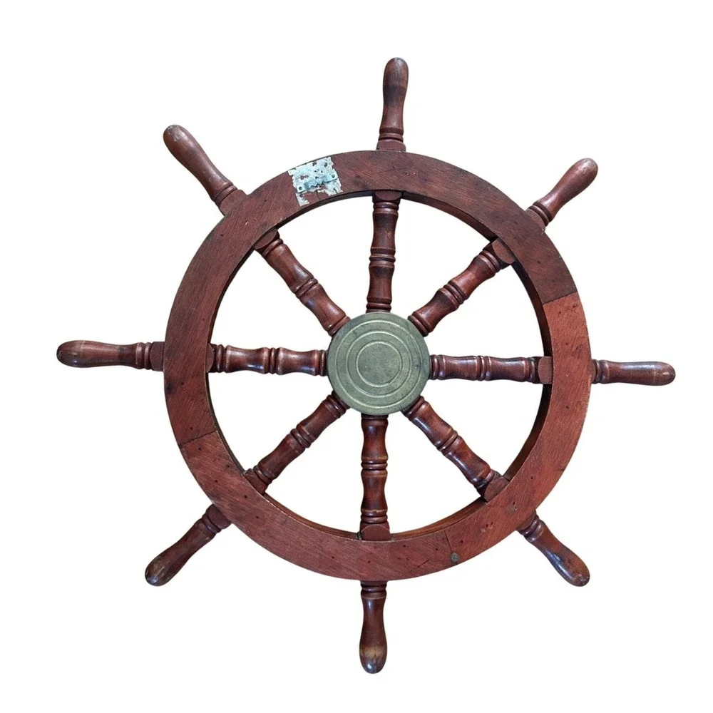 Vintage Wooden Ship Wheel 18 Inch Nautical Wall Decor Brass Hub Maritime Helm